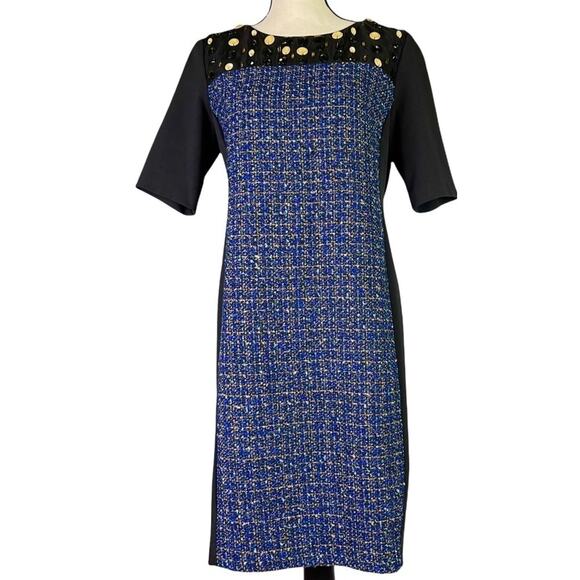 Ellen Tracy Tweed Knit Sheath Dress Embellished Blue Black Careerwear Office 10 - Picture 1 of 9